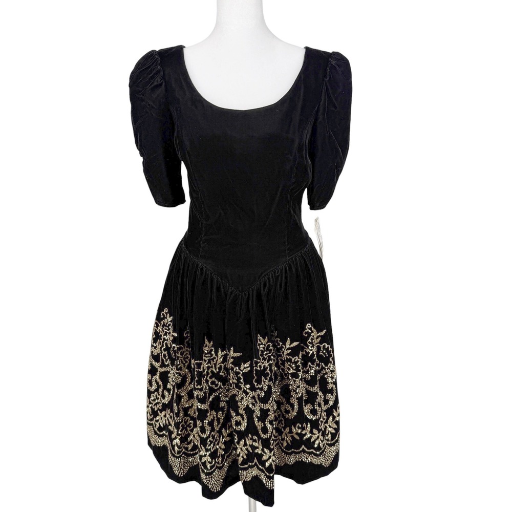 Jessica McClintock Gunne Sax Black Velvet Gold Glitter Dress Vintage 80s 7/8
